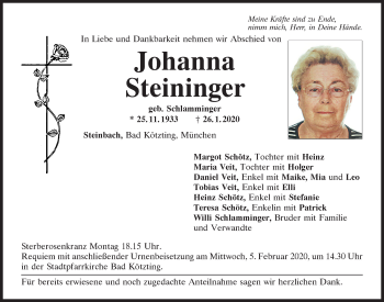 Traueranzeigen von Johanna Steininger | Mittelbayerische Trauer