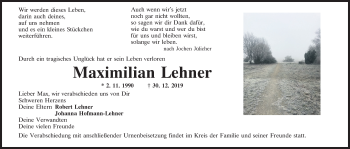 Traueranzeige von Maximilian Lehner von Mittelbayerische Zeitung Kelheim