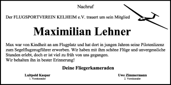 Traueranzeige von Maximilian Lehner von Mittelbayerische Zeitung Kelheim