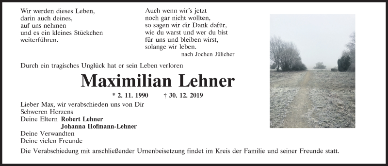  Traueranzeige für Maximilian Lehner vom 13.01.2020 aus Mittelbayerische Zeitung Kelheim