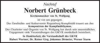 Traueranzeige von Norbert Grünbeck von Mittelbayerische Zeitung Regensburg