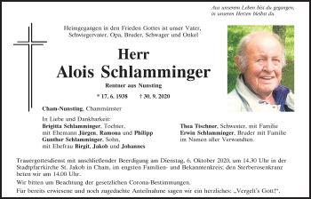 Traueranzeige von Alois Schlamminger von Bayerwald Echo