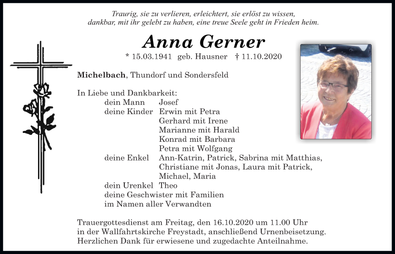 Traueranzeigen von Anna Gerner | Mittelbayerische Trauer