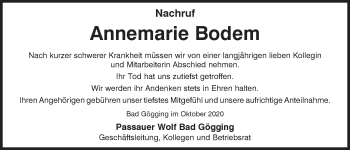 Traueranzeige von Annemarie Bodem von Mittelbayerische Zeitung Kelheim