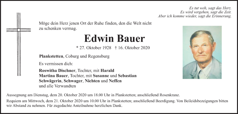  Traueranzeige für Edwin Bauer vom 19.10.2020 aus Neumarkter Tagblatt