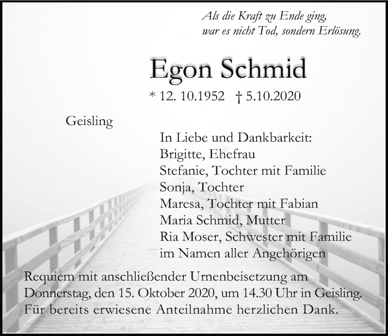  Traueranzeige für Egon Schmid vom 10.10.2020 aus Mittelbayerische Zeitung Regensburg