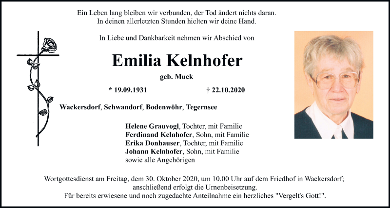  Traueranzeige für Emilia Kelnhofer vom 28.10.2020 aus Mittelbayerische Zeitung Schwandorf