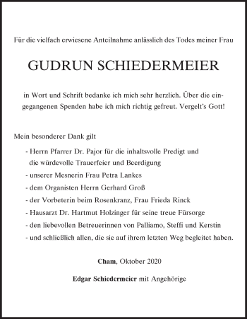 Traueranzeige von Gudrun Schiedermeier von Bayerwald Echo