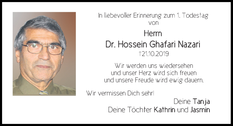 Traueranzeigen Von Hossein Ghafari Nazari Mittelbayerische Trauer