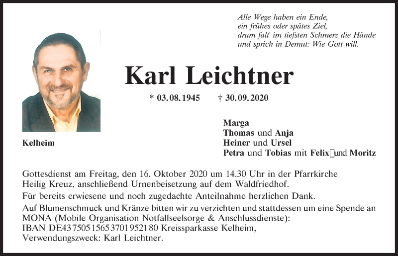  Traueranzeige für Karl Leichtner vom 12.10.2020 aus Mittelbayerische Zeitung Kelheim