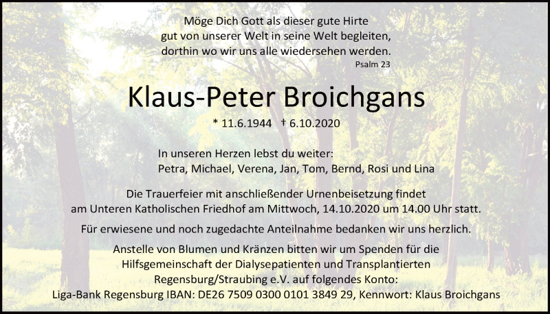  Traueranzeige für Klaus-Peter Broichgans vom 10.10.2020 aus Mittelbayerische Zeitung Regensburg