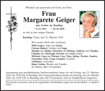 Traueranzeigen von Margarete Geiger | Mittelbayerische Trauer