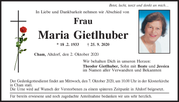 Traueranzeige von Maria Gietlhuber von Bayerwald Echo