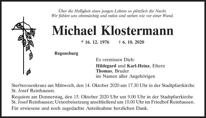  Traueranzeige für Michael Klostermann vom 10.10.2020 aus Mittelbayerische Zeitung Regensburg