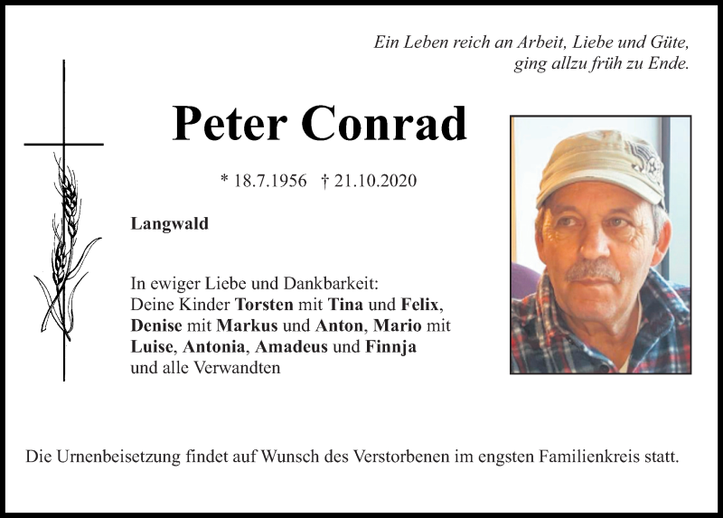  Traueranzeige für Peter Conrad vom 24.10.2020 aus Bayerwald Echo