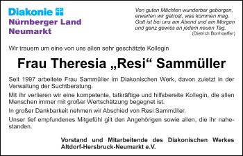 Traueranzeige von Theresia Sammüller von Neumarkter Tagblatt