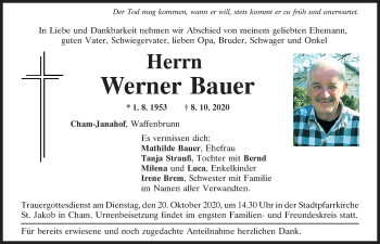 Traueranzeige von Werner Bauer von Bayerwald Echo