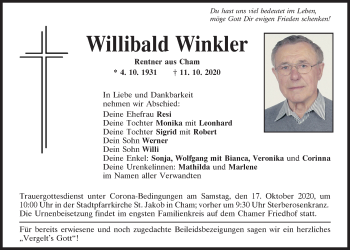 Traueranzeige von Willibald Winkler von Bayerwald Echo