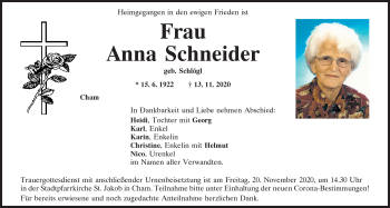 Traueranzeige von Anna Schneider von Bayerwald Echo