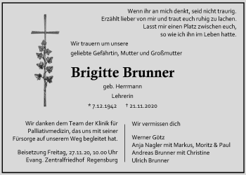 Traueranzeige von Brigitte Brunner von Mittelbayerische Zeitung Regensburg