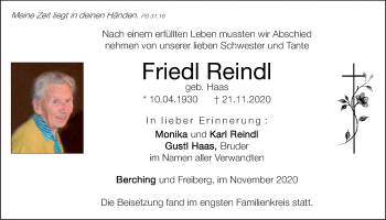 Traueranzeige von Friedl Reindl von Neumarkter Tagblatt