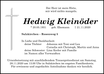 Traueranzeige von Hedwig Kleinöder von Neumarkter Tagblatt