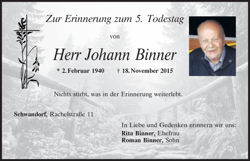  Traueranzeige für Johann Binner vom 18.11.2020 aus Mittelbayerische Zeitung Schwandorf