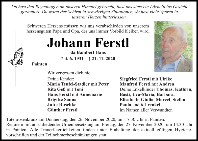  Traueranzeige für Johann Ferstl vom 25.11.2020 aus Mittelbayerische Zeitung Kelheim