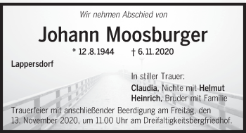 Traueranzeige von Johann Moosburger von Mittelbayerische Zeitung Regensburg