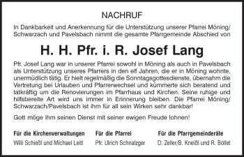 Traueranzeige von Josef Lang von Neumarkter Tagblatt