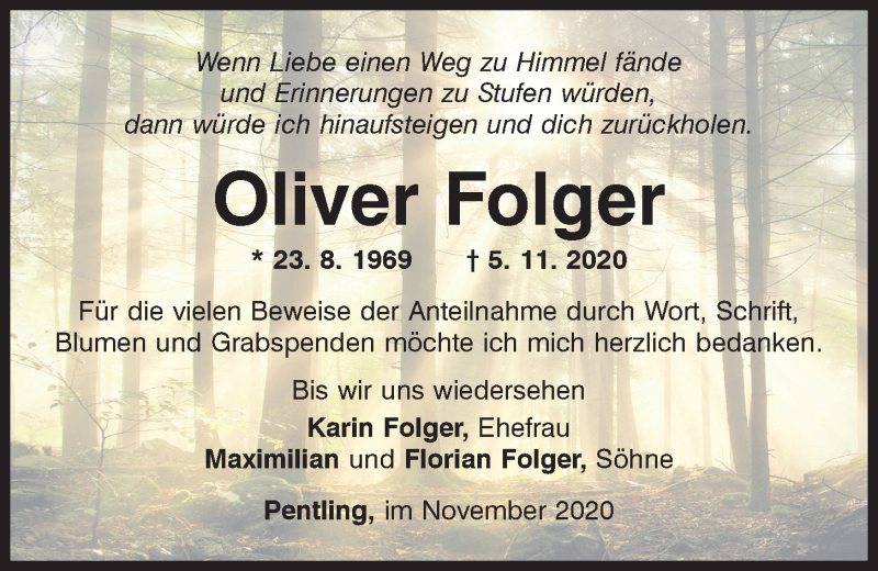  Traueranzeige für Oliver Folger vom 21.11.2020 aus Mittelbayerische Zeitung Regensburg