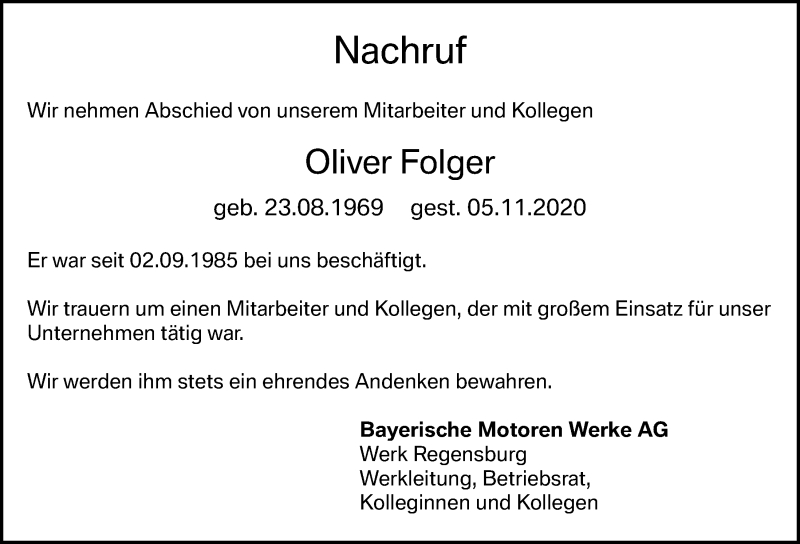  Traueranzeige für Oliver Folger vom 16.11.2020 aus Mittelbayerische Zeitung Regensburg