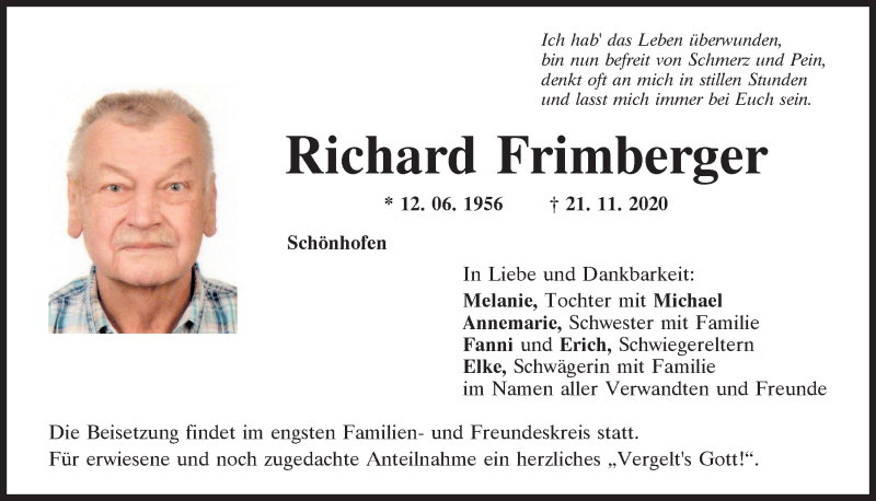  Traueranzeige für Richard Frimberger vom 27.11.2020 aus Mittelbayerische Zeitung Regensburg