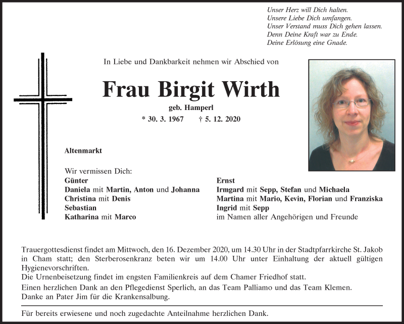  Traueranzeige für Birgit Wirth vom 15.12.2020 aus Bayerwald Echo