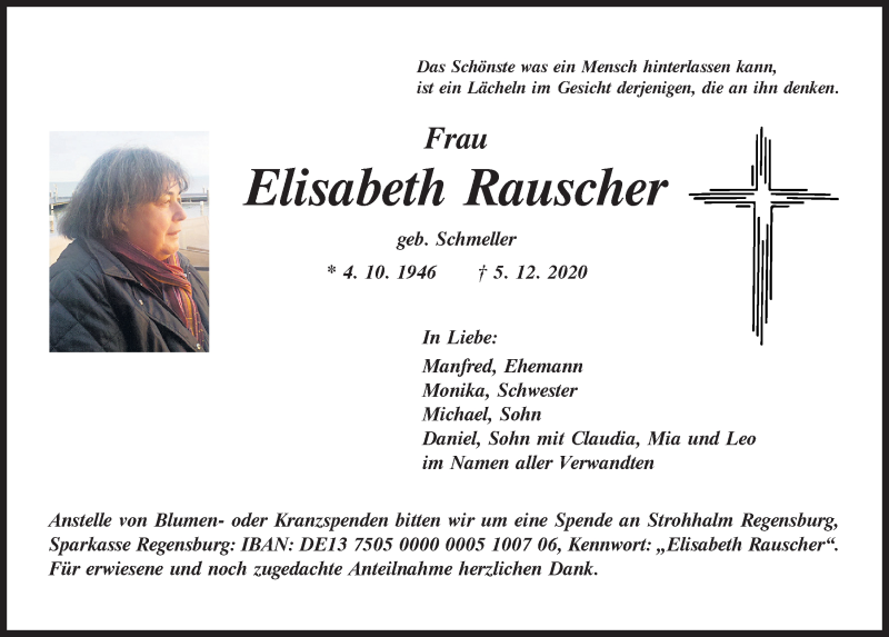  Traueranzeige für Elisabeth Rauscher vom 12.12.2020 aus Mittelbayerische Zeitung Regensburg