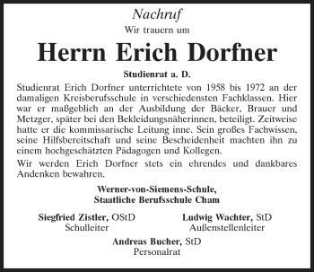 Traueranzeige von Erich Dorfner von Bayerwald Echo