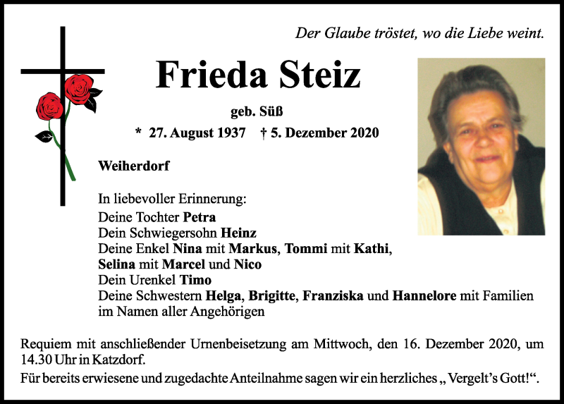  Traueranzeige für Frieda Steiz vom 12.12.2020 aus Mittelbayerische Zeitung Schwandorf