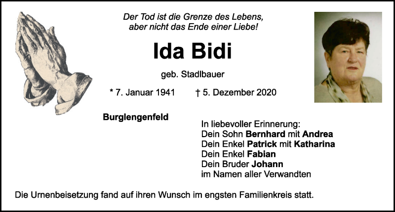  Traueranzeige für Ida Bidi vom 12.12.2020 aus Mittelbayerische Zeitung Schwandorf