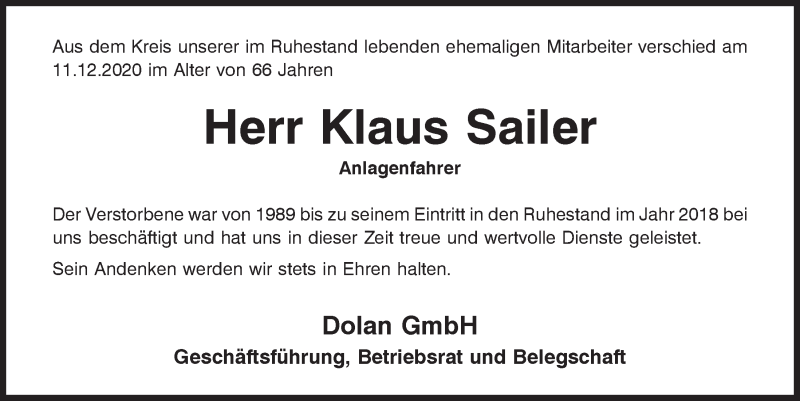  Traueranzeige für Klaus Sailer vom 17.12.2020 aus Mittelbayerische Zeitung Kelheim