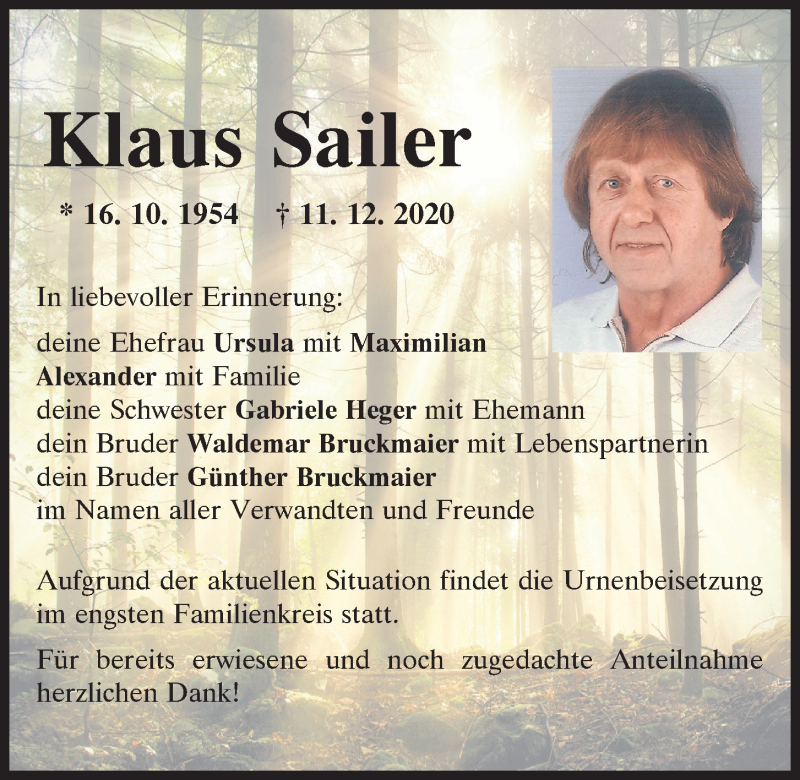  Traueranzeige für Klaus Sailer vom 16.12.2020 aus Mittelbayerische Zeitung Kelheim