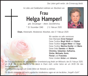 Traueranzeige von Helga Hamperl von Bayerwald Echo