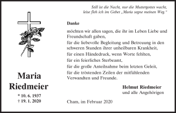 Traueranzeige von Maria Riedmeier von Bayerwald Echo