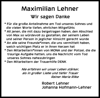 Traueranzeige von Maximilian Lehner von Mittelbayerische Zeitung Kelheim