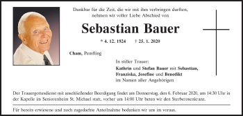 Traueranzeige von Sebastian Bauer von Bayerwald Echo