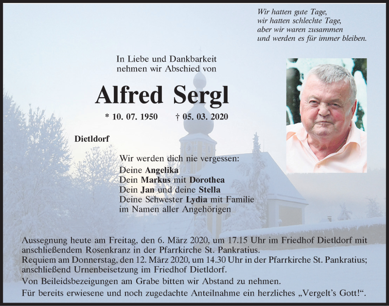  Traueranzeige für Alfred Sergl vom 06.03.2020 aus Mittelbayerische Zeitung Schwandorf