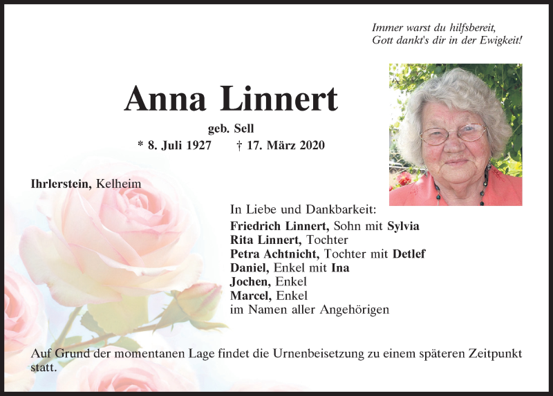  Traueranzeige für Anna Linnert vom 25.03.2020 aus Mittelbayerische Zeitung Kelheim