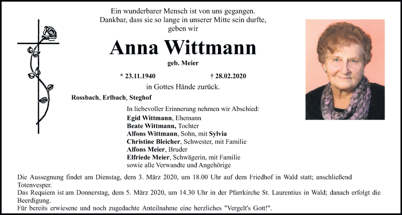  Traueranzeige für Anna Wittmann vom 03.03.2020 aus Mittelbayerische Zeitung Regensburg