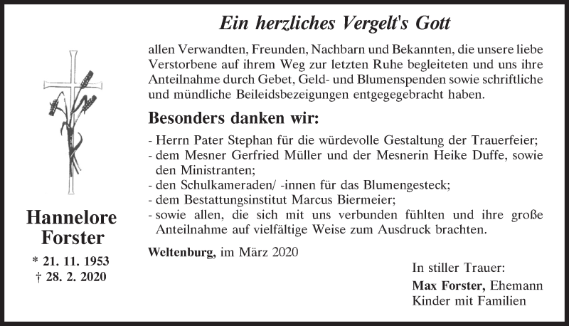  Traueranzeige für Hannelore Forster vom 28.03.2020 aus Mittelbayerische Zeitung Kelheim
