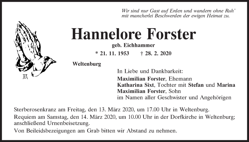  Traueranzeige für Hannelore Forster vom 11.03.2020 aus Mittelbayerische Zeitung Kelheim