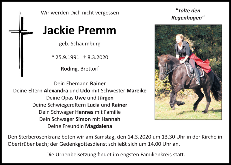  Traueranzeige für Jackie Premm vom 11.03.2020 aus Bayerwald Echo